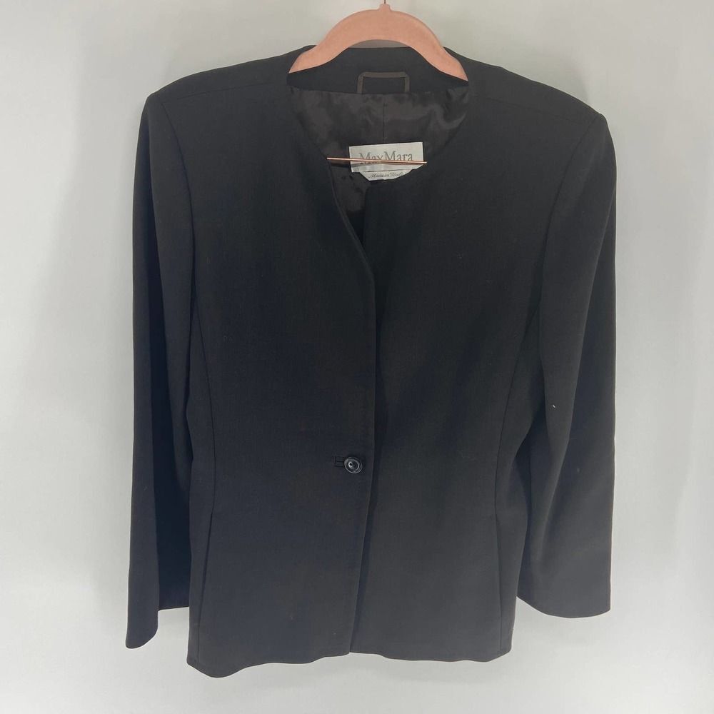 MaxMara Strong Shoulder Black wool notch collar Single Button Blazer womens 8